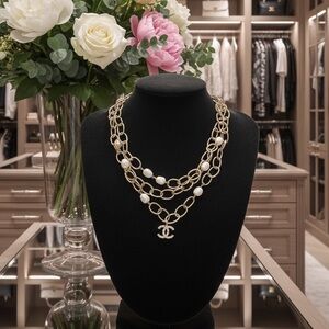 Three tier gold chain and pearl custom Zipperpull pendant CC necklace